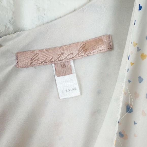 Hutch Multi Color Heart Maxi Dress White Satin Hi Low short sleeves V-neck 10 - Picture 7 of 15